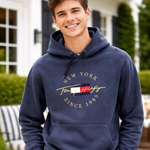 Tommy Hilfiger Hoodie Mens Small Navy Logo Preppy Classic Pullover